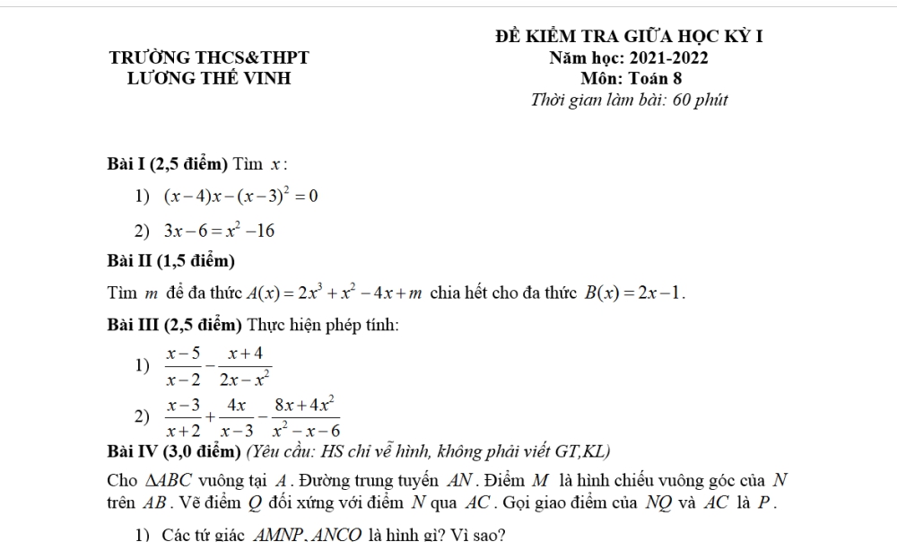 Toán 8: Đề kiểm tra giữa học kỳ 1. Trường THCS&THPT Lương Thế Vinh năm học 2021-2021